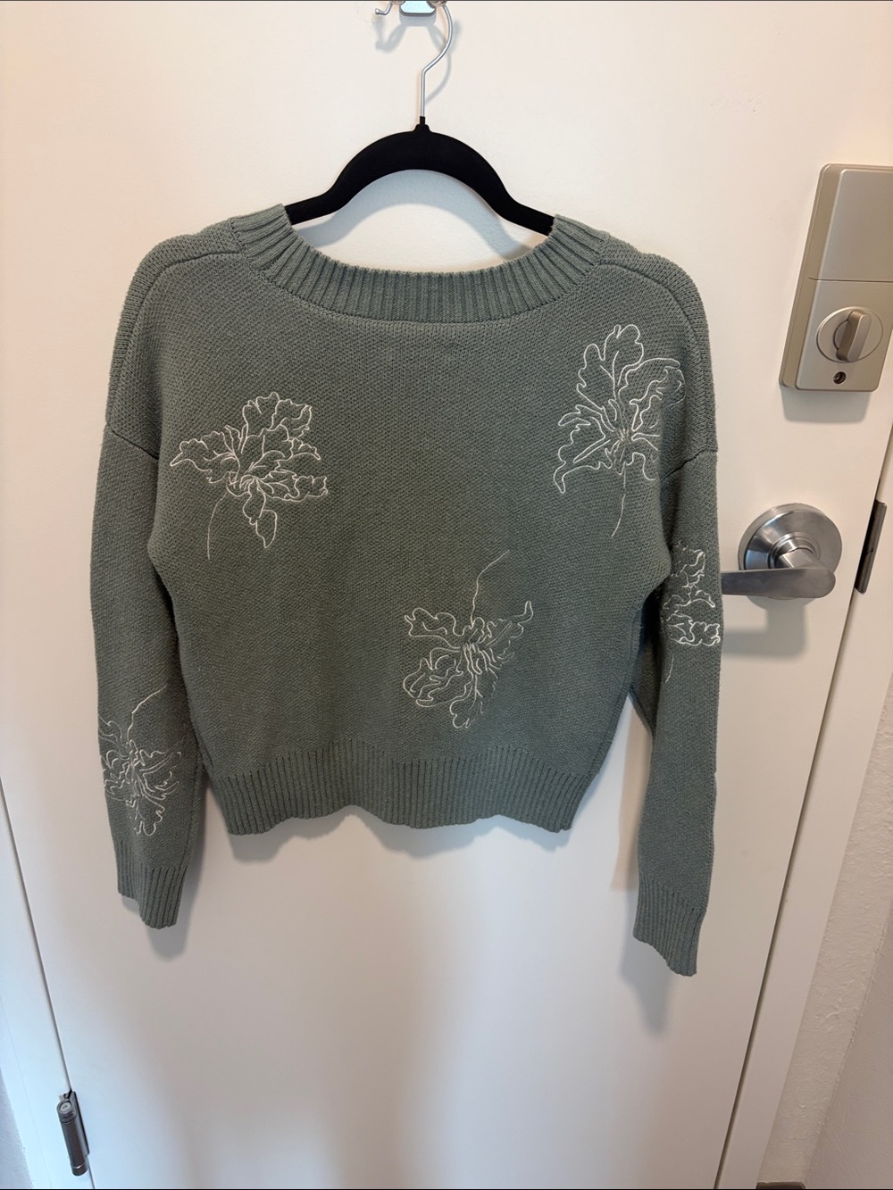 Cynthia Rowley Sage Green Knit Crewneck Sweater with White Floral Embroidery - Picture 4 of 8